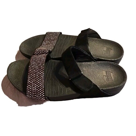 Fitflop LuLu Popstud Slide Sandal Women Sz 10 Studs Black Adjustable Felt B11‎ - Picture 1 of 8